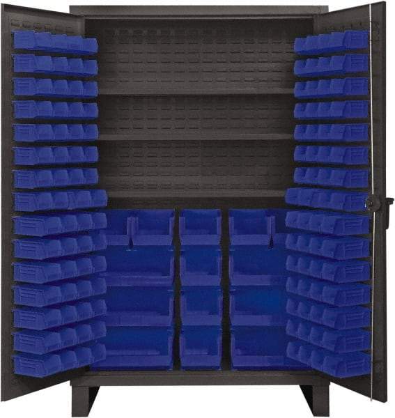 Durham - 3 Shelf 134 Bin Storage Cabinet - Steel, 48" Wide x 24" Deep x 78" High, Blue - Caliber Tooling