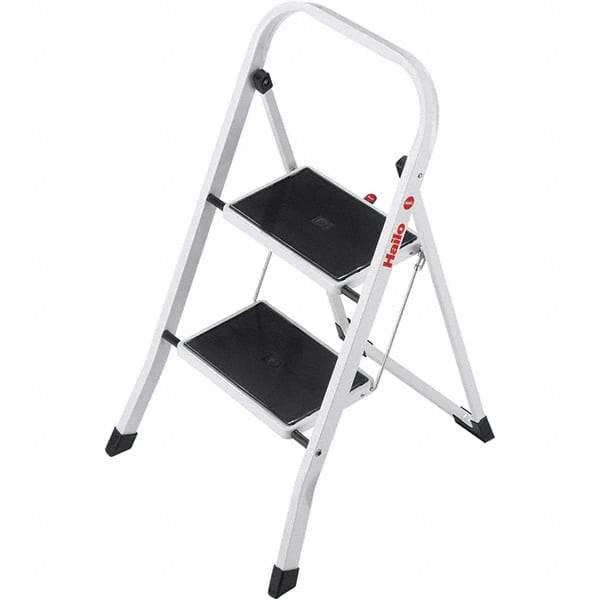 Hailo - 2 Steps, 2' 7" High, EN14183 Rating, Tubular Steel Step Ladder - 330 Lb Capacity, 18-1/2" Base Width - Caliber Tooling