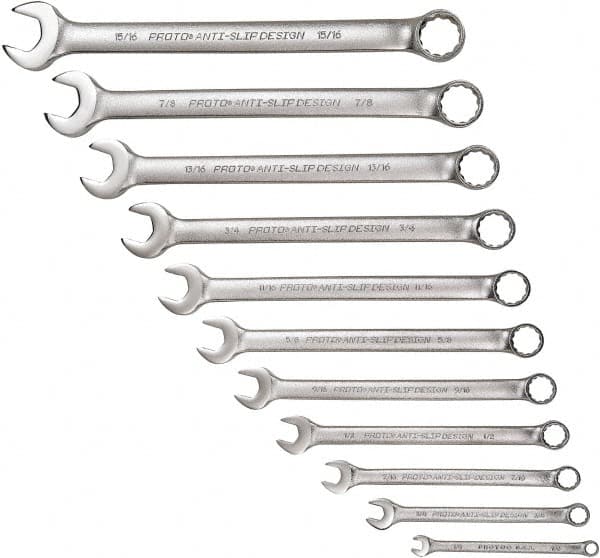 Proto - 11 Piece, 1/4" to 15/16", 12 Point Combination Wrench Set - Inch Measurement Standard, Satin Chrome Finish - Caliber Tooling