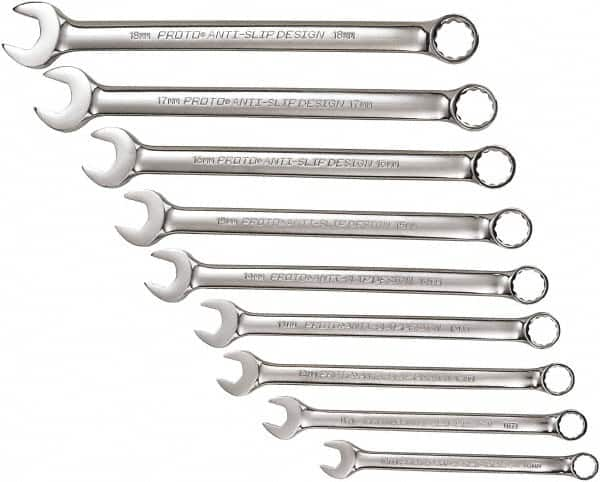 Proto - 9 Piece, 10mm to 18mm, 12 Point Combination Wrench Set - Metric Measurement Standard, Full Polish Chrome Finish, Comes in Tool Roll - Caliber Tooling