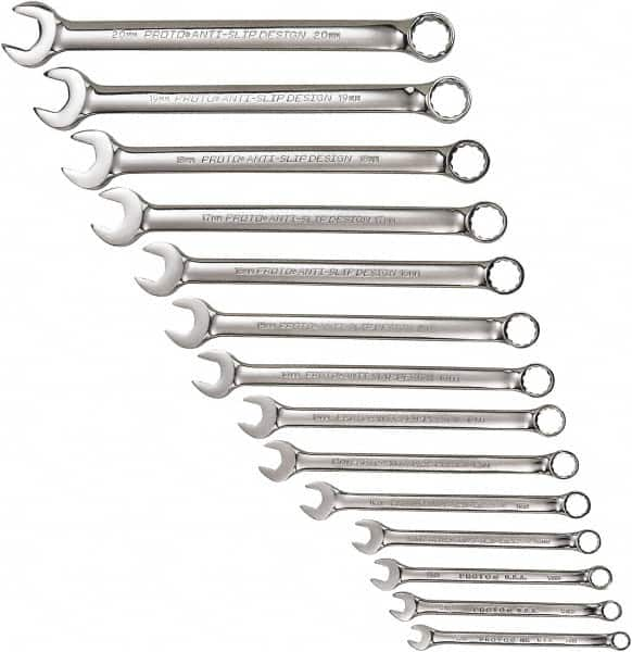 Proto - 14 Piece, 7mm to 20mm, 12 Point Combination Wrench Set - Metric Measurement Standard, Full Polish Chrome Finish, Comes in Tool Roll - Caliber Tooling