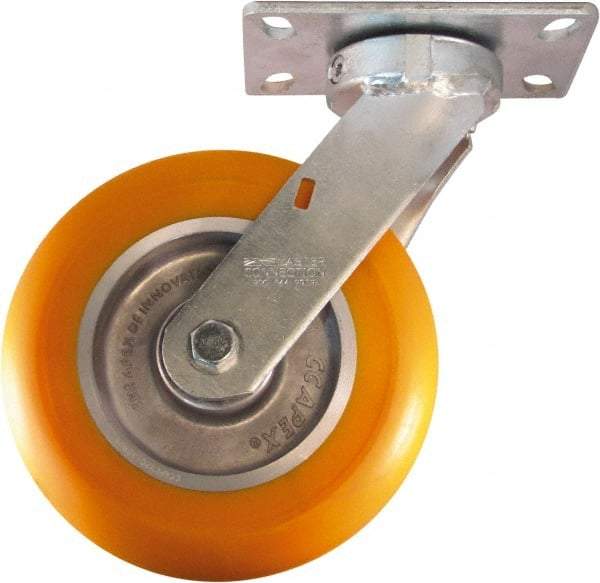 Caster Connection - 8" Diam x 2" Wide x 9-1/2" OAH Top Plate Mount Swivel Caster - Polyurethane on Aluminum, 1,200 Lb Capacity, Sealed Precision Ball Bearing, 4 x 4-1/2" Plate - Caliber Tooling