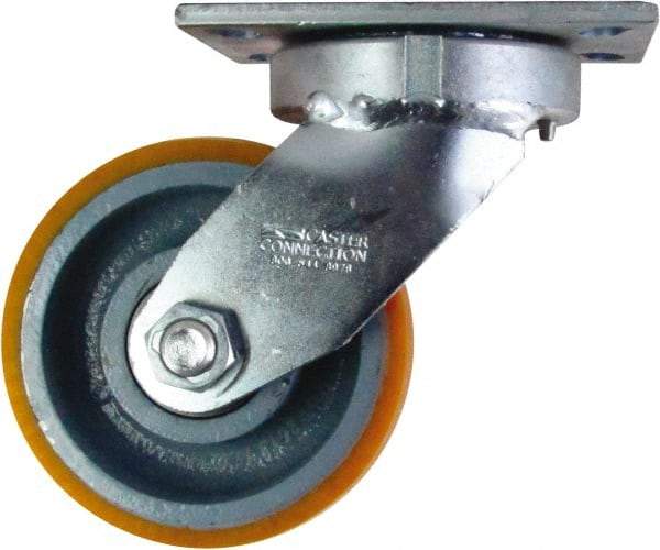 Caster Connection - 6" Diam x 3" Wide x 7-1/2" OAH Top Plate Mount Swivel Caster - Polyurethane on Iron, 2,300 Lb Capacity, Sealed Precision Ball Bearing, 4-1/2 x 6-1/4" Plate - Caliber Tooling