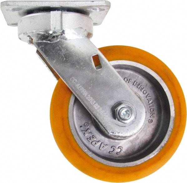 Caster Connection - 6" Diam x 2" Wide x 7-1/2" OAH Top Plate Mount Swivel Caster - Polyurethane on Aluminum, 1,000 Lb Capacity, Sealed Precision Ball Bearing, 4 x 4-1/2" Plate - Caliber Tooling