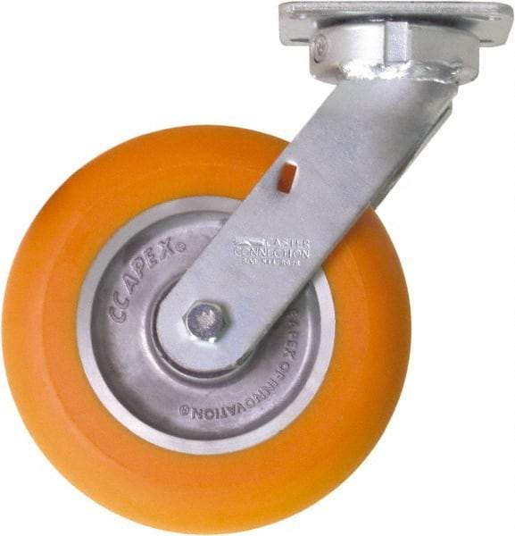 Caster Connection - 8" Diam x 2" Wide x 10-1/8" OAH Top Plate Mount Swivel Caster - Polyurethane on Aluminum, 1,200 Lb Capacity, Sealed Precision Ball Bearing, 4 x 4-1/2" Plate - Caliber Tooling