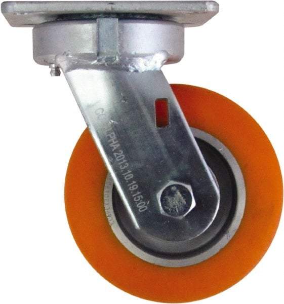 Caster Connection - 5" Diam x 2" Wide x 6-1/2" OAH Top Plate Mount Swivel Caster - Polyurethane on Aluminum, 750 Lb Capacity, Sealed Precision Ball Bearing, 4 x 4-1/2" Plate - Caliber Tooling