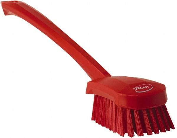 Vikan - 1.3" Bristle Length, Polyester Scrub Brush - 4" Long x 2-3/4" Wide Head, 15-3/4" OAL, Red, Polypropylene Block - Caliber Tooling