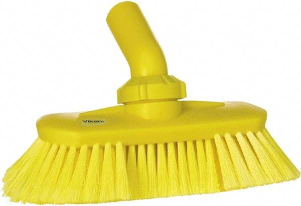 Vikan - 1-1/2" Bristle Length, Polyester Wash Brush - 7-3/4" Long x 3" Wide Head, 8" OAL, European Threaded Handle, Yellow, Polypropylene Block, Flagged - Caliber Tooling