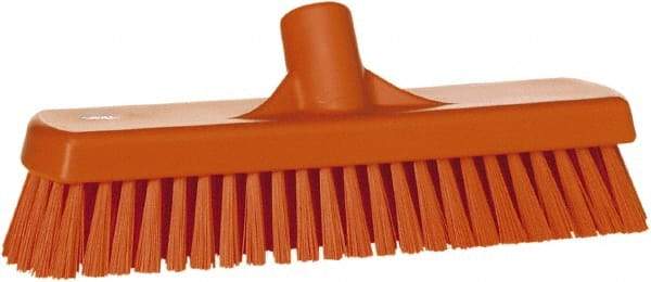 Vikan - 1.7" Bristle Length, Polyester Scrub Brush - 11-1/4" Long x 3" Wide Head, 12" OAL, European Threaded Handle, Orange, Polypropylene Block - Caliber Tooling