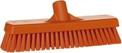 Vikan - 1.7" Bristle Length, Polyester Scrub Brush - 11-1/4" Long x 3" Wide Head, 12" OAL, European Threaded Handle, Orange, Polypropylene Block - Caliber Tooling