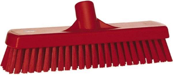 Vikan - 1.7" Bristle Length, Polyester Scrub Brush - 11-1/4" Long x 3" Wide Head, 12" OAL, European Threaded Handle, Red, Polypropylene Block - Caliber Tooling