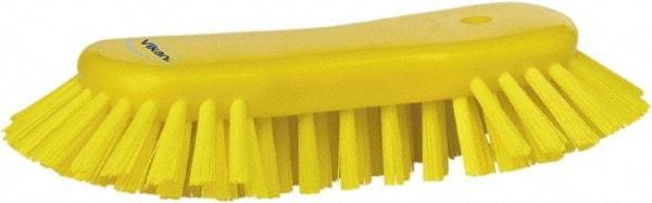 Vikan - 1.3" Bristle Length, Polyester Utility Scrub Brush - 7-3/4" Long x 3" Wide Head, 8" OAL, European Threaded Handle, Yellow, Polypropylene Block - Caliber Tooling