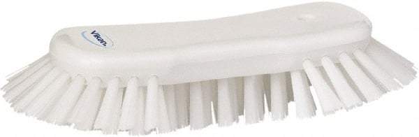 Vikan - 1.3" Bristle Length, Polyester Utility Scrub Brush - 7-3/4" Long x 3" Wide Head, 8" OAL, European Threaded Handle, White, Polypropylene Block - Caliber Tooling