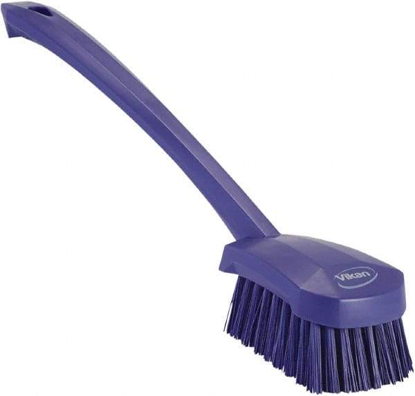 Vikan - 1.3" Bristle Length, Polyester Scrub Brush - 4" Long x 2-3/4" Wide Head, 15-3/4" OAL, Purple, Polypropylene Block - Caliber Tooling