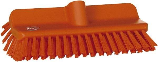 Vikan - 1-1/2" Bristle Length, Polyester Cleaning & Finishing Brush - 9-5/8" Long x 5" Wide Head, 10" OAL, European Threaded Handle, Orange, Polypropylene Block - Caliber Tooling