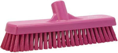 Vikan - 1.7" Bristle Length, Polyester Scrub Brush - 11-1/4" Long x 3" Wide Head, 12" OAL, European Threaded Handle, Pink, Polypropylene Block - Caliber Tooling