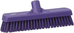 Vikan - 1.7" Bristle Length, Polyester Scrub Brush - 11-1/4" Long x 3" Wide Head, 12" OAL, European Threaded Handle, Purple, Polypropylene Block - Caliber Tooling