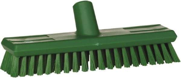 Vikan - 1.3" Bristle Length, Polyester Scrub Brush - 10-3/4" Long x 2-1/2" Wide Head, 11" OAL, European Threaded Handle, Green, Polypropylene Block - Caliber Tooling