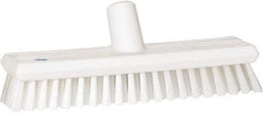 Vikan - 1.3" Bristle Length, Polyester Scrub Brush - 10-3/4" Long x 2-1/2" Wide Head, 11" OAL, European Threaded Handle, White, Polypropylene Block - Caliber Tooling