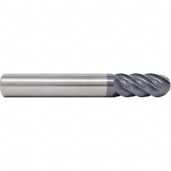 SGS - 20mm Diam, 38mm LOC, 5 Flute Solid Carbide Ball End Mill - AlTiN Finish, Single End, 104mm OAL, 20mm Shank Diam, Spiral Flute - Caliber Tooling