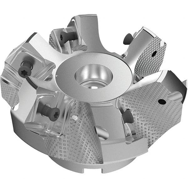 Seco - 3.15" Cut Diam, 1" Arbor Hole, 9mm Max Depth of Cut, 48° Indexable Chamfer & Angle Face Mill - 6 Inserts, Right Hand Cut, 6 Flutes, Through Coolant, Series R220.54 - Caliber Tooling