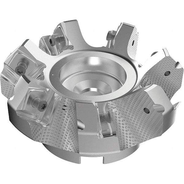 Seco - 100mm Cut Diam, 32mm Arbor Hole, 9mm Max Depth of Cut, 48° Indexable Chamfer & Angle Face Mill - 7 Inserts, 63 Insert, Right Hand Cut, 7 Flutes, Through Coolant, Series R220.54 - Caliber Tooling