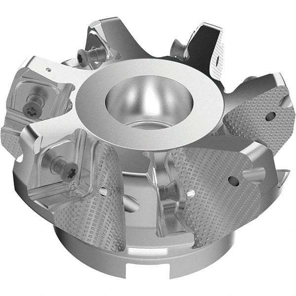 Seco - 3.94" Cut Diam, 1-1/2" Arbor Hole, 11mm Max Depth of Cut, 71° Indexable Chamfer & Angle Face Mill - 7 Inserts, Right Hand Cut, 7 Flutes, Through Coolant, Series R220.56 - Caliber Tooling