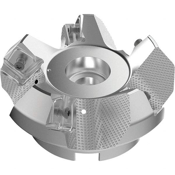 Seco - 3.94" Cut Diam, 1-1/2" Arbor Hole, 9mm Max Depth of Cut, 48° Indexable Chamfer & Angle Face Mill - 5 Inserts, Right Hand Cut, 5 Flutes, Through Coolant, Series R220.54 - Caliber Tooling