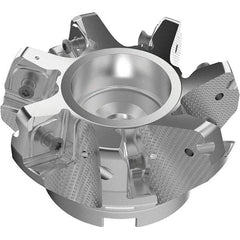 Seco - 100mm Cut Diam, 32mm Arbor Hole, 11mm Max Depth of Cut, 71° Indexable Chamfer & Angle Face Mill - 7 Inserts, 63 Insert, Right Hand Cut, 7 Flutes, Through Coolant, Series R220.56 - Caliber Tooling