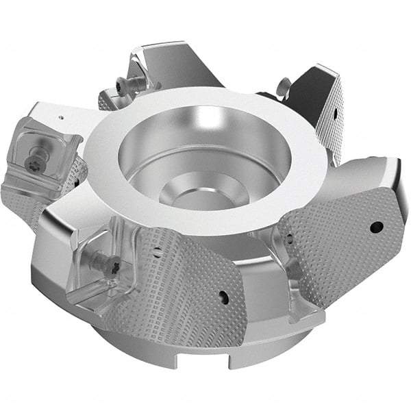 Seco - 100mm Cut Diam, 32mm Arbor Hole, 11mm Max Depth of Cut, 71° Indexable Chamfer & Angle Face Mill - 5 Inserts, 63 Insert, Right Hand Cut, 5 Flutes, Through Coolant, Series R220.56 - Caliber Tooling