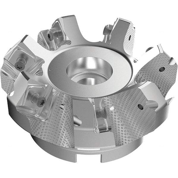 Seco - 3.94" Cut Diam, 1-1/2" Arbor Hole, 9mm Max Depth of Cut, 48° Indexable Chamfer & Angle Face Mill - 7 Inserts, Right Hand Cut, 7 Flutes, Through Coolant, Series R220.54 - Caliber Tooling