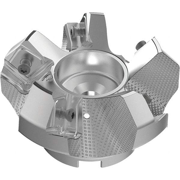 Seco - 80mm Cut Diam, 27mm Arbor Hole, 9mm Max Depth of Cut, 48° Indexable Chamfer & Angle Face Mill - 5 Inserts, 63 Insert, Right Hand Cut, 5 Flutes, Through Coolant, Series R220.54 - Caliber Tooling