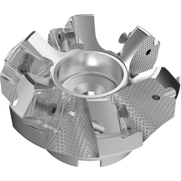 Seco - 80mm Cut Diam, 27mm Arbor Hole, 9mm Max Depth of Cut, 48° Indexable Chamfer & Angle Face Mill - 6 Inserts, 63 Insert, Right Hand Cut, 6 Flutes, Through Coolant, Series R220.54 - Caliber Tooling