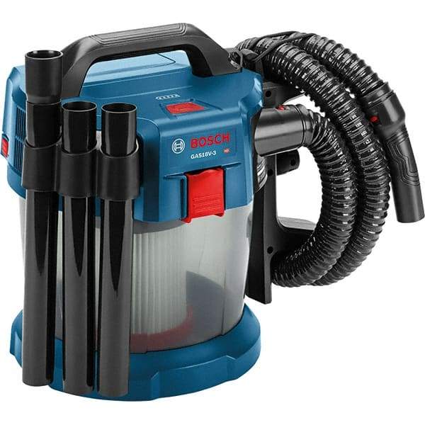 Bosch - 2.6 Gal Plastic Tank, Battery Powered Wet/Dry Vacuum - 18 Volt, 6.3 Amps, 5-1/4' Hose Fitting, Cordless - Caliber Tooling