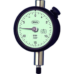 Mahr - Dial Drop Indicators; Maximum Measurement (Inch): 0.1 ; Maximum Measurement (mm): 2.50 ; Dial Graduation (mm): 0.0100 ; Dial Graduation (Decimal Inch): 0.000500 ; Dial Reading: 0-20-0 ; Dial Diameter (mm): 43.81 - Exact Industrial Supply