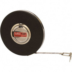 Lufkin - 100' x 3/8" Silver Steel Blade Tape Measure - 1/8" Graduation, Inch Graduation Style, Chrome Vinyl Clad Steel Case - Caliber Tooling