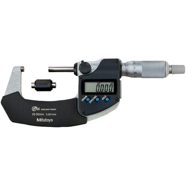 Electronic Outside Micrometer: 25 mm, Carbide Tipped Measuring Face, IP65 0.00005″ Resolution, 0.000160″Accuracy, Sliding Thimble