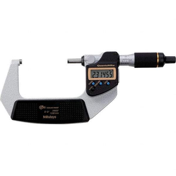 Mitutoyo - 2 to 3" Range, 0.00005" Resolution, Quantumike Throat IP65 Electronic Outside Micrometer - 0.0001" Accuracy, Ratchet Stop Thimble, Carbide-Tipped Face, SR44 Battery - Caliber Tooling