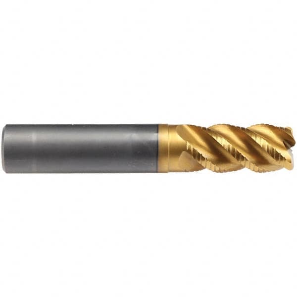 Emuge - 16mm Diam, Fine Pitch, 32mm LOC, 4 Flute Solid Carbide 4mm Corner Radius Roughing End Mill - TiN/TiAlN Finish, 92mm OAL, 16mm Shank Diam, Single End, Extended Reach, 45° Helix - Caliber Tooling