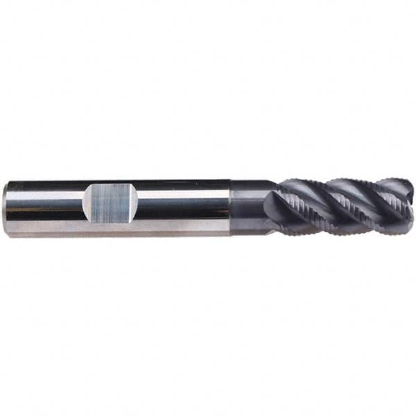 Emuge - 14mm Diam, Fine Pitch, 26mm LOC, 4 Flute Solid Carbide 3mm Corner Radius Roughing End Mill - TiAlN Finish, 83mm OAL, 14mm Shank Diam, Single End, Extended Reach, 45° Helix - Caliber Tooling