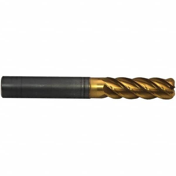 Emuge - 16mm Diam, 48mm LOC, 5 Flute Solid Carbide Roughing & Finishing End Mill - TiN/TiAlN Finish, 112mm OAL, 16mm Shank Diam, Cylindrical Shank, 42° Helix, Extra Long Length - Caliber Tooling