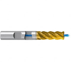 Emuge - 16mm Diam, Fine Pitch, 32mm LOC, 4 Flute Solid Carbide 4mm Corner Radius Roughing End Mill - TiN/TiAlN Finish, 92mm OAL, 16mm Shank Diam, Single End, Extended Reach, 45° Helix - Caliber Tooling