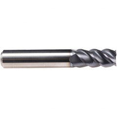 Emuge - 3mm Diam, 8mm LOC, 4 Flute Solid Carbide Roughing & Finishing End Mill - TiAlN Finish, 57mm OAL, 6mm Shank Diam, Cylindrical Shank, 50° Helix, Centercutting, Long Length - Caliber Tooling