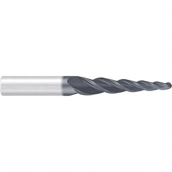 Emuge - 4° Taper Angle per Side, 2mm Small End Diam, 87mm LOC, Solid Carbide 3 Flute Tapered Ball End Mill - AlCr Finish, 150mm OAL, 16mm Shank Diam, Spiral Flute, 36° Helix - Caliber Tooling