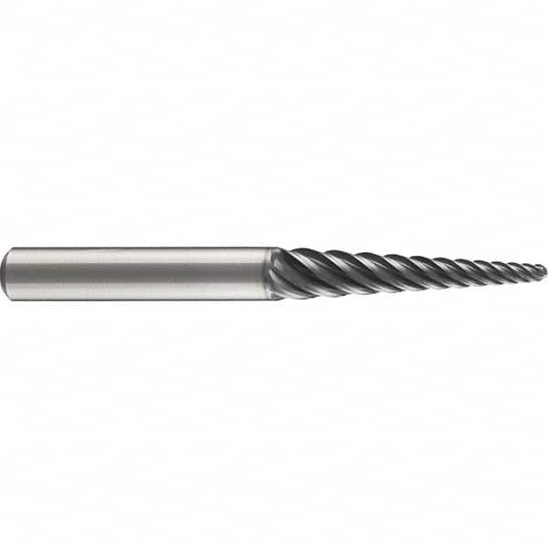 Emuge - 4° Taper Angle per Side, 3mm Small End Diam, 74mm LOC, Solid Carbide 6 Flute Tapered Ball End Mill - AlCr Finish, 140mm OAL, 16mm Shank Diam, Spiral Flute, 38° Helix - Caliber Tooling