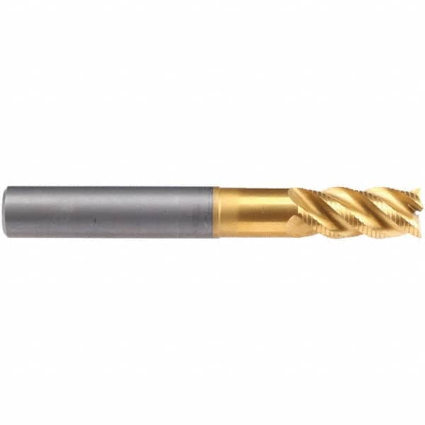 Emuge - 16mm Diam, Fine Pitch, 32mm LOC, 4 Flute Solid Carbide 45° Corner Chamfer Roughing End Mill - TiN/TiAlN Finish, 108mm OAL, 16mm Shank Diam, Single End, Extended Reach, 45° Helix - Caliber Tooling