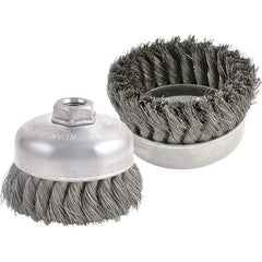 Brush Research Mfg. - 3" Diam, 5/8-11 Threaded Arbor, Carbon Steel Fill Cup Brush - 0.014 Wire Diam, 7/8" Trim Length, 1,400 Max RPM - Caliber Tooling