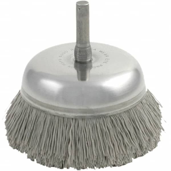 Brush Research Mfg. - 2-3/4" Diam, 1/4" Shank Diam, Nylon Fill Cup Brush - Aluminum Oxide Abrasive Material, 0.022 Wire Diam, 3/4" Trim Length, 8,000 Max RPM - Caliber Tooling