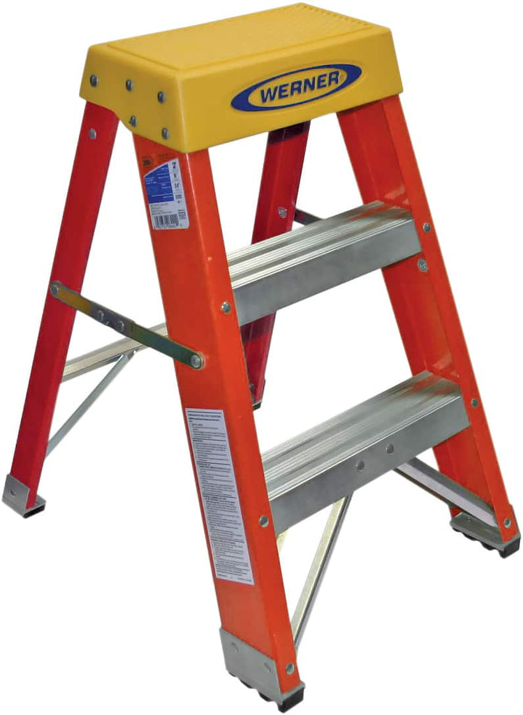 Werner - 2 Steps, 2' High, Type IA Rating, Fiberglass Step Stand - 300 Lb Load Capacity, 17-1/4" Base Width - Caliber Tooling