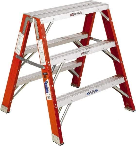 Werner - 3 Steps, 3' High, Type IA Rating, Fiberglass Step Stand - 300 Lb Load Capacity, 32" Base Width - Caliber Tooling